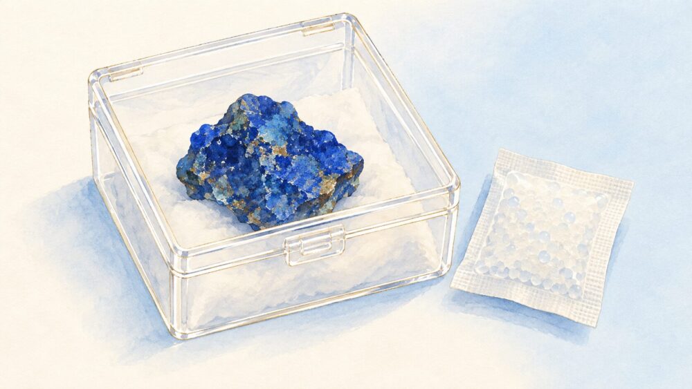 乾燥剤とともに透明ケースで保管されたアズライト