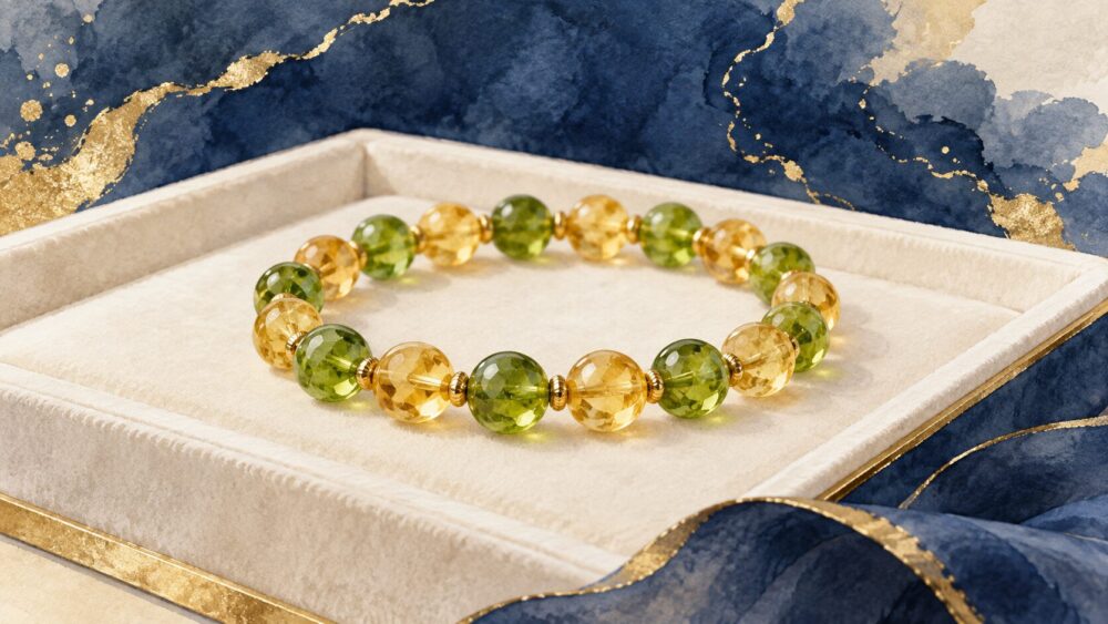 オリーブグリーンのペリドットと黄金色のシトリンのブレスレット