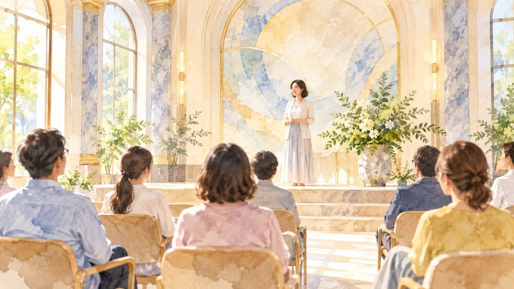 澄んだ空を背に、凛と立つ女性。