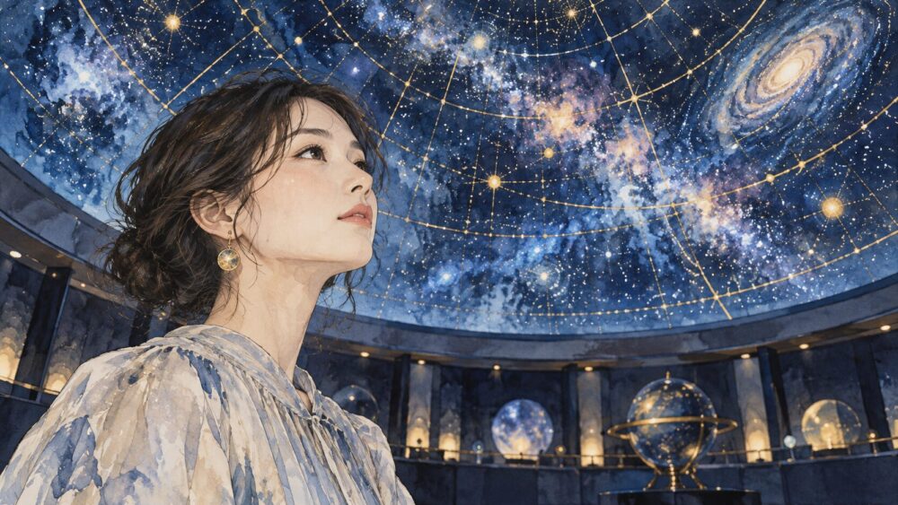 夜空を見上げる人物と星の水彩イラスト。