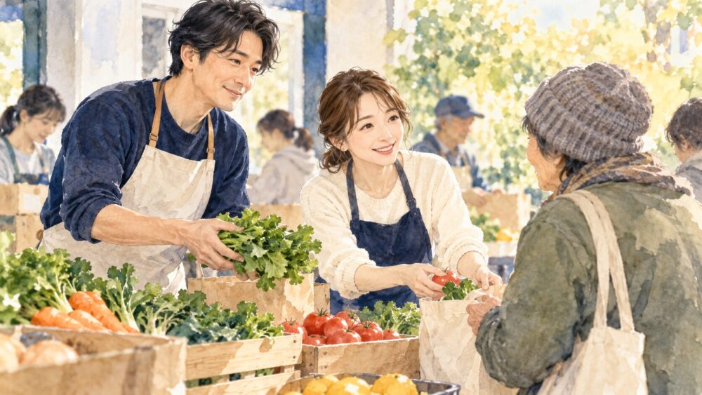 穏やかに会話する男女の水彩イラスト。