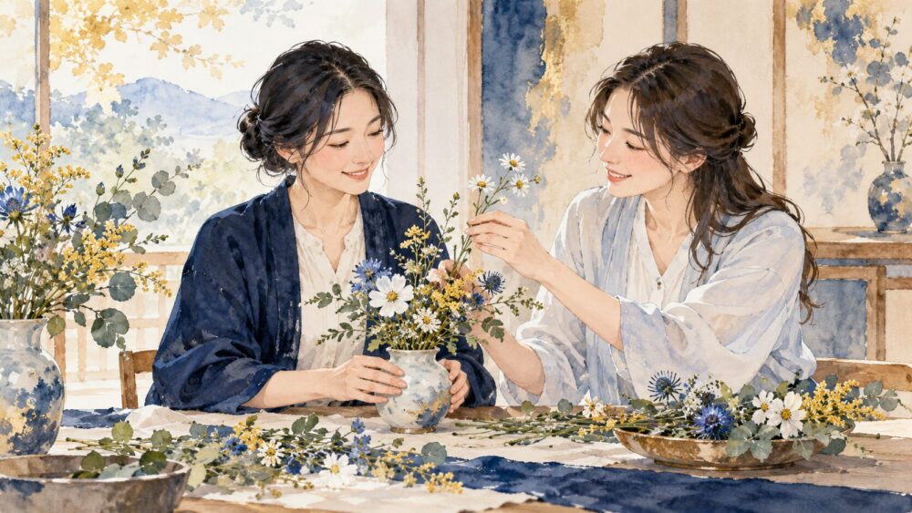 2と穏やかな波の水彩イラスト。