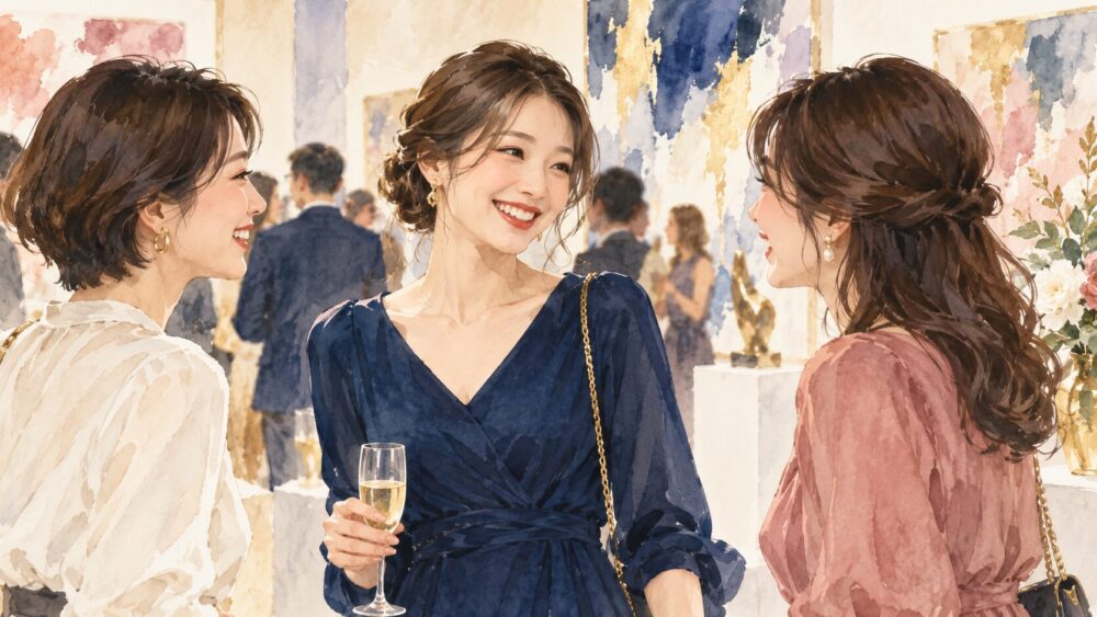 会話の輪で人を和ませる女性の水彩イラスト。
