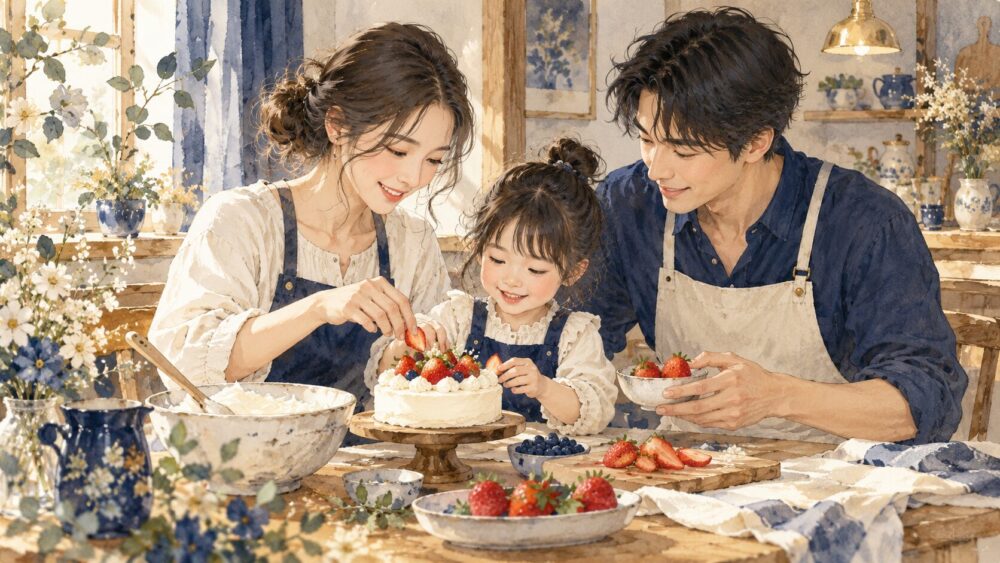 家族の食卓の水彩イラスト。