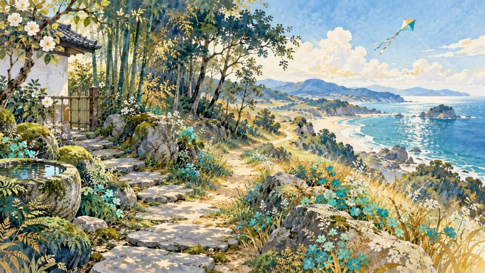 5と風に揺れる草原の水彩イラスト。