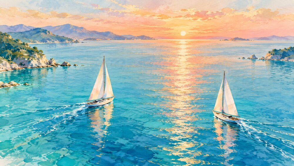 湖上に浮かぶ二つの小舟の水彩イラスト。