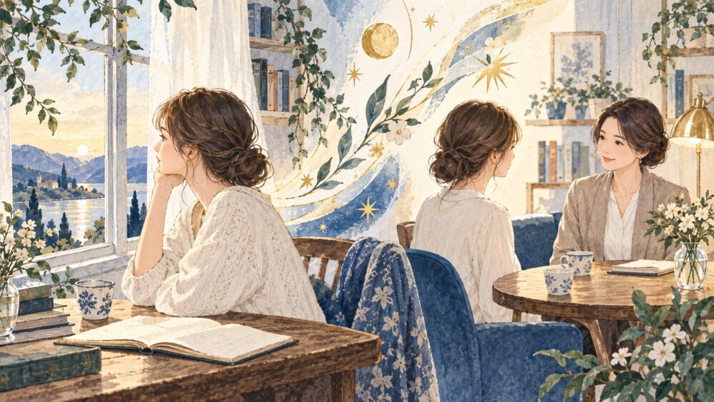静かな和室でノートを前に考える女性と、心理療法を示す相談室の違い。