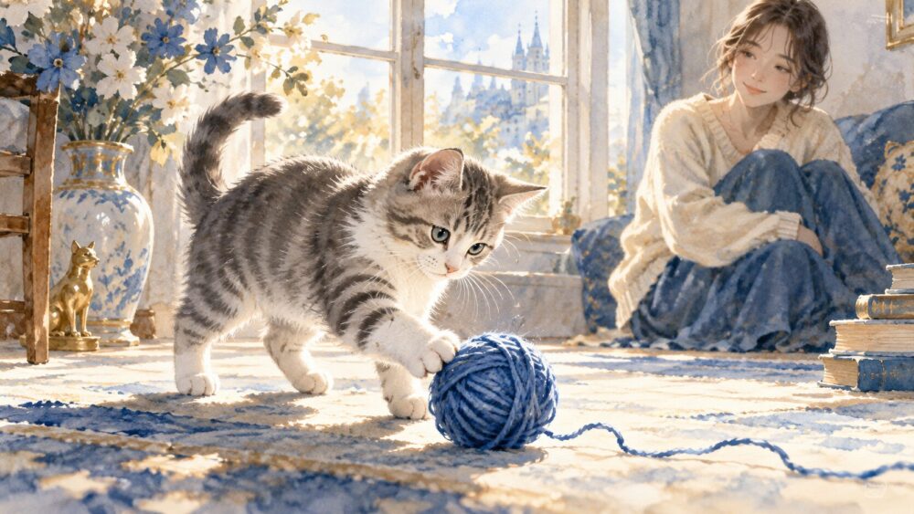 夢の中で猫をなでたり世話したりする行動を描いたイラスト。