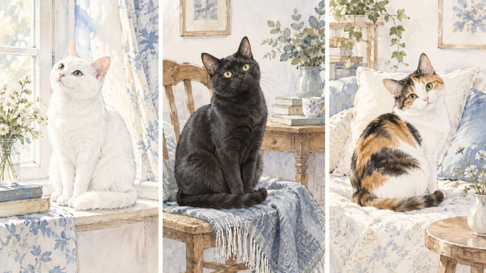 白猫や黒猫など、夢に現れた猫の種類・毛色を見比べるイラスト。