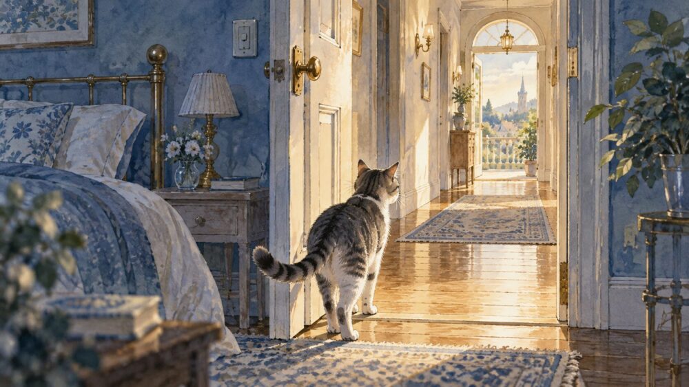 窓辺や部屋など、さまざまな場面に現れる猫の夢のイラスト。