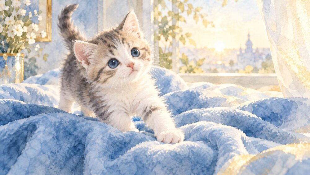 夢の中で子猫を抱き上げ、表情を見つめる人物。