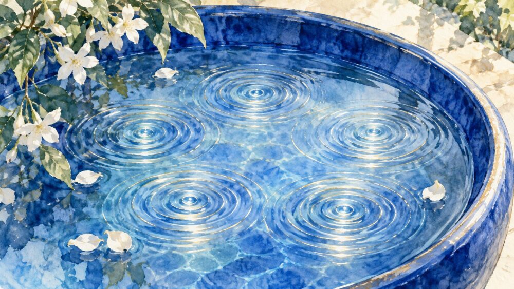 青い水面に広がる穏やかな光の波紋