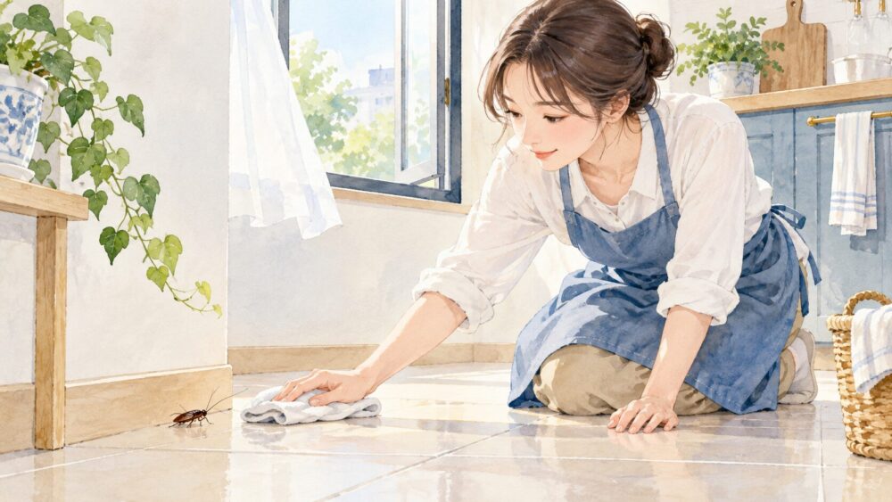 キッチンの床を拭き、窓を開けて換気する様子