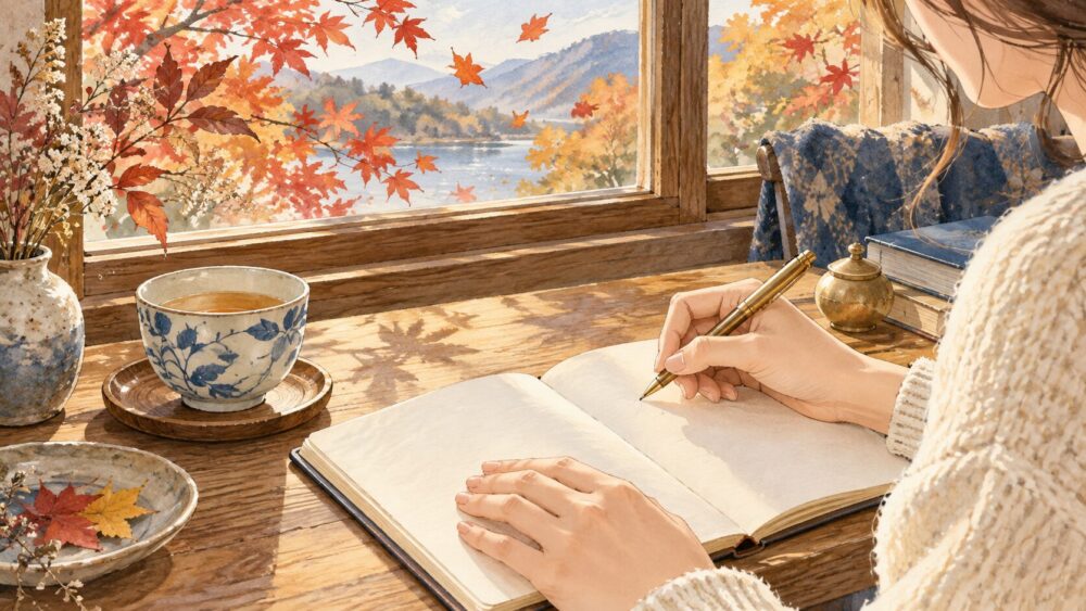 紅葉を眺める窓辺で、白紙のノートに向かう手元と温かいお茶。