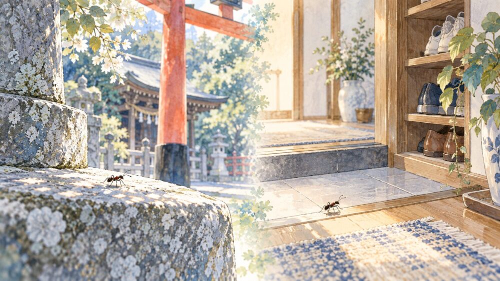 神社の石段と家の玄関、それぞれの場所で見かける蟻。