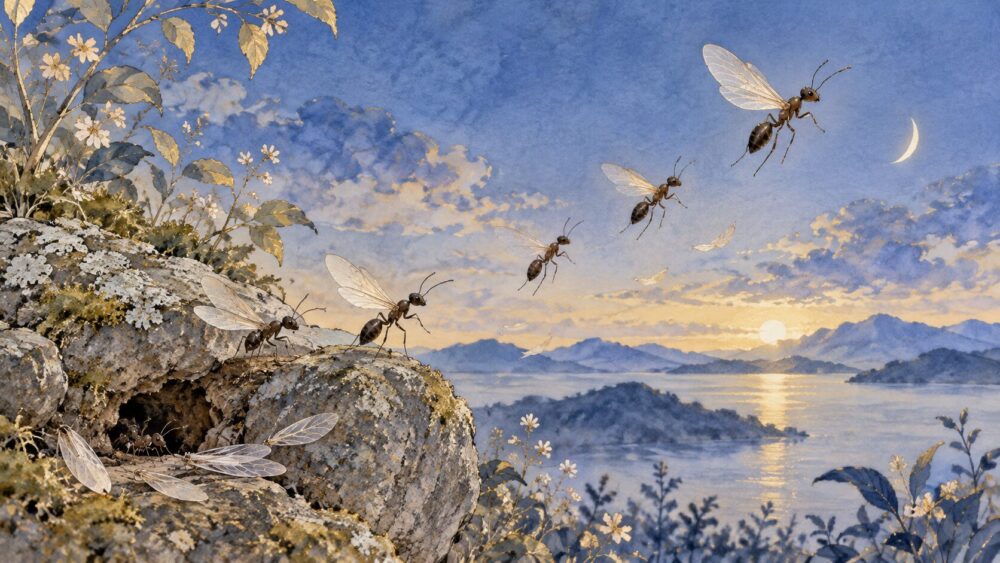薄明の空へ飛び立つ羽蟻と、巣穴のそばに残る透明な羽。