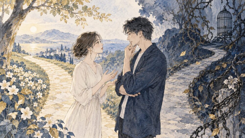 明るい湖畔の道で会話し、互いの気持ちを確かめる大人の二人。