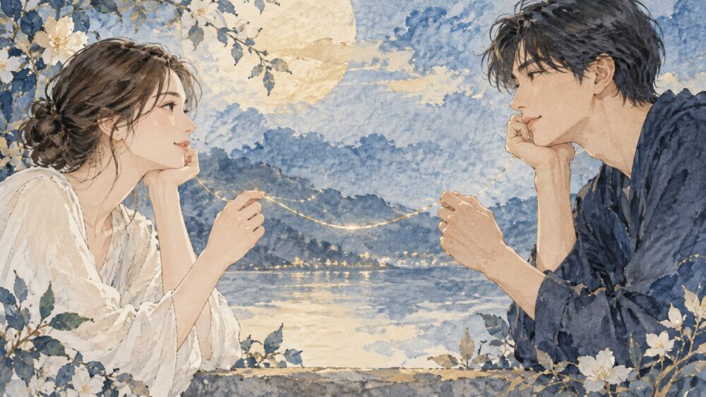 湖を挟んで向き合い、細い金色の光で結ばれる二人。