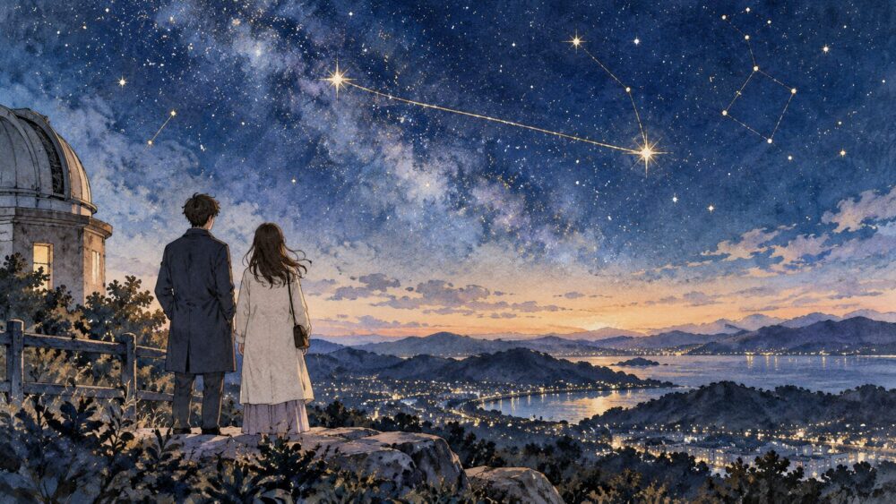 星空の下、少し離れた場所から同じ空を見上げる二人。