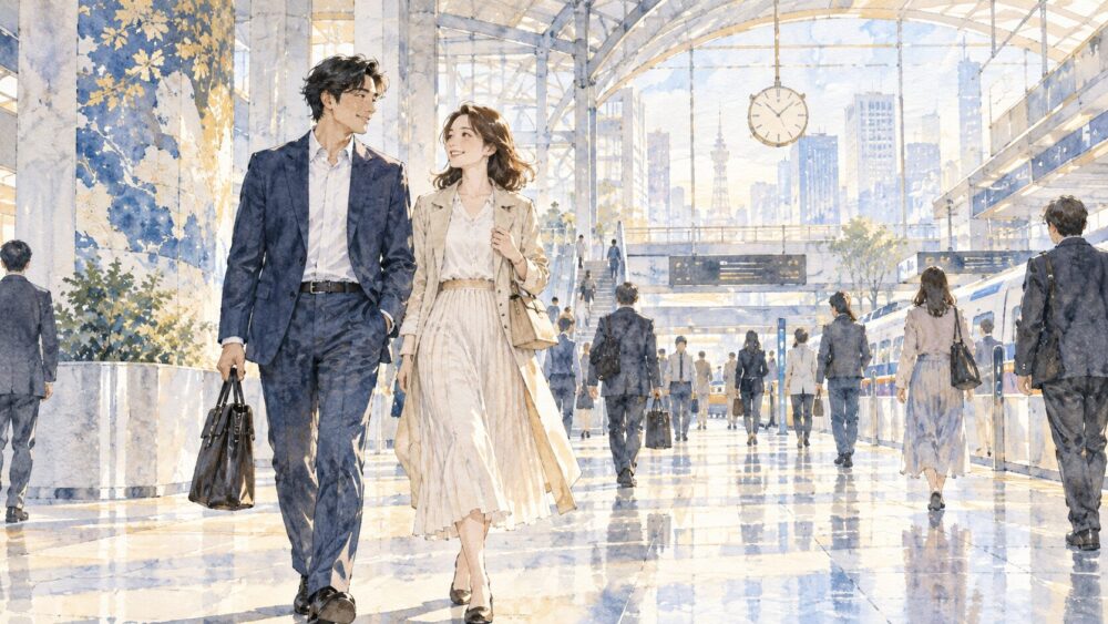静かな駅のホームで、隣り合って手を重ねる二人。