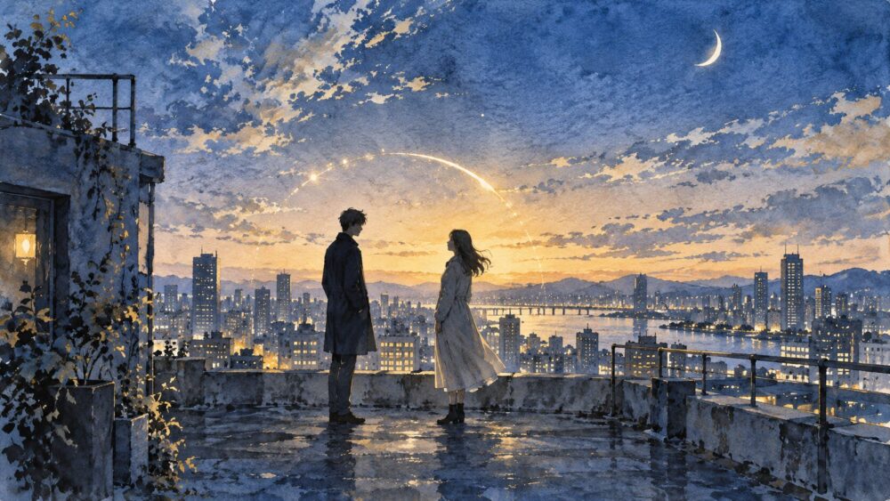 夕暮れの屋上で静かに見つめ合う二人のシルエット。