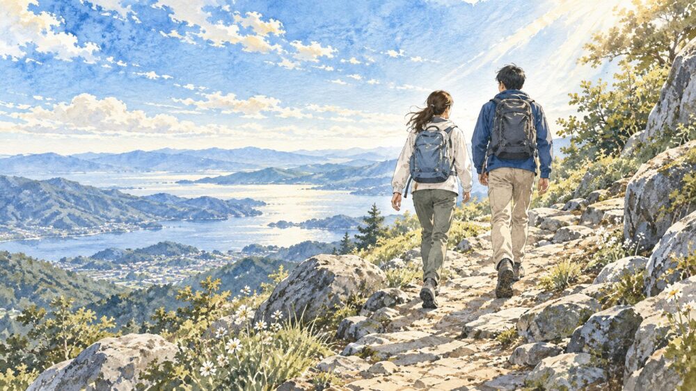 朝の山道を並んで歩き、清々しい空気を吸い込む二人。