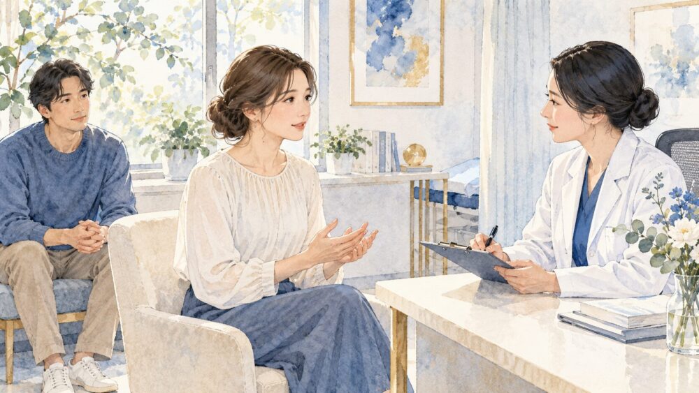 落ち着いた診察室で、二人が医療従事者に身体の不安を相談する。