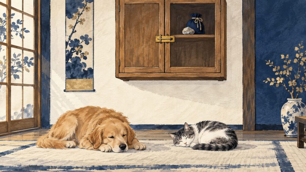 犬と猫がくつろぐ部屋で、天然石を閉じた高い戸棚に保管する様子