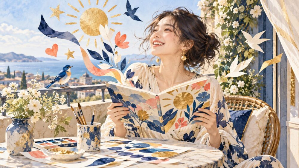 花と色鉛筆に囲まれた3の水彩イラスト。