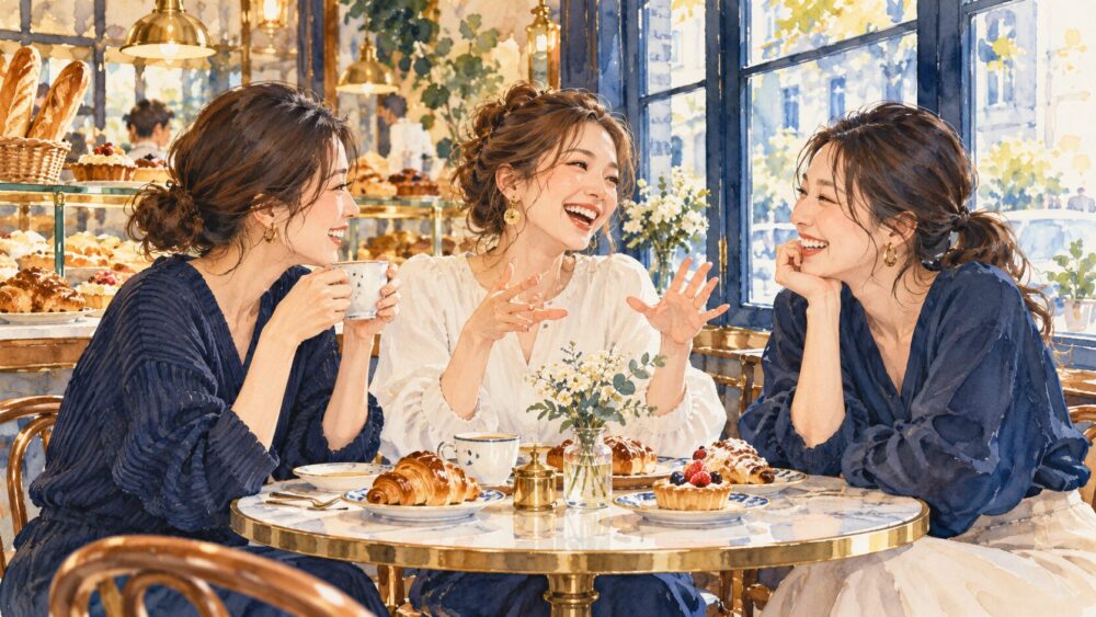 友人との会話の輪で笑う女性の水彩イラスト。