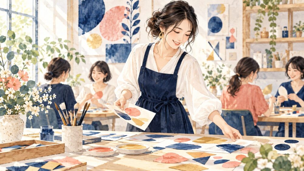 アイデアノートを開く女性の水彩イラスト。