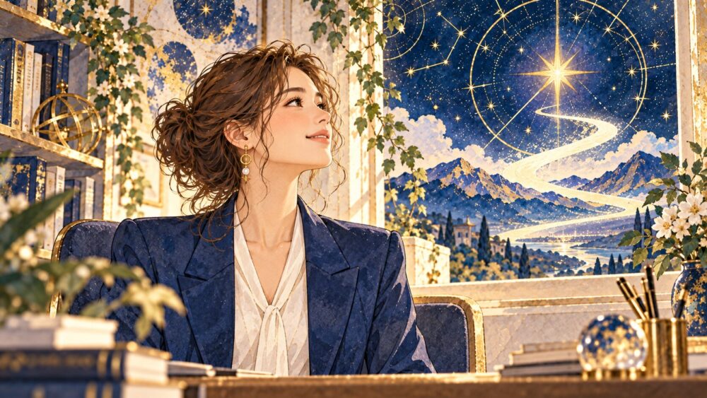 星図の窓から夜空を見つめる女性。