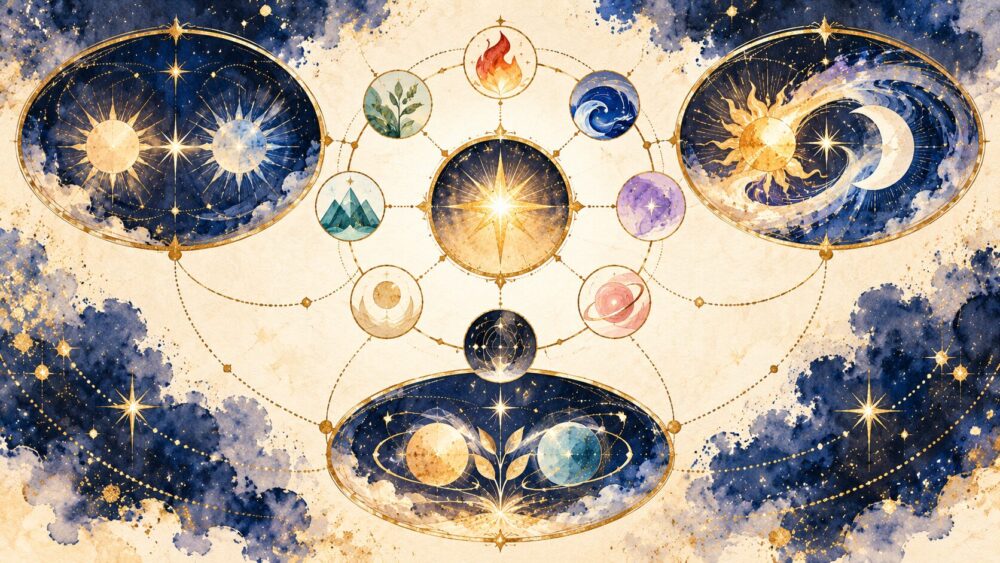 金色の線で結ばれる惑星状の円盤を描いた相性図。