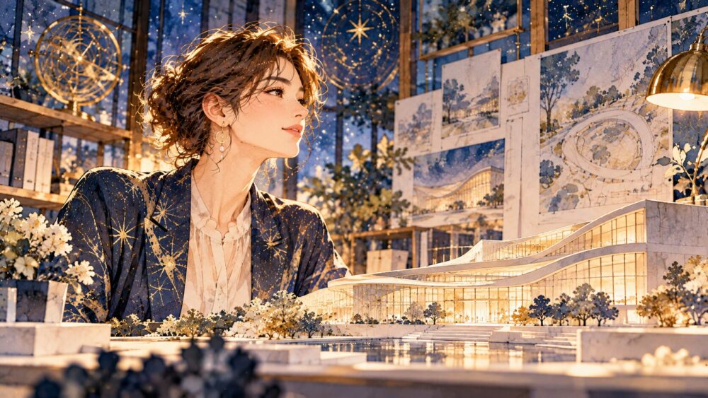 建築模型を前に設計案を考える女性。