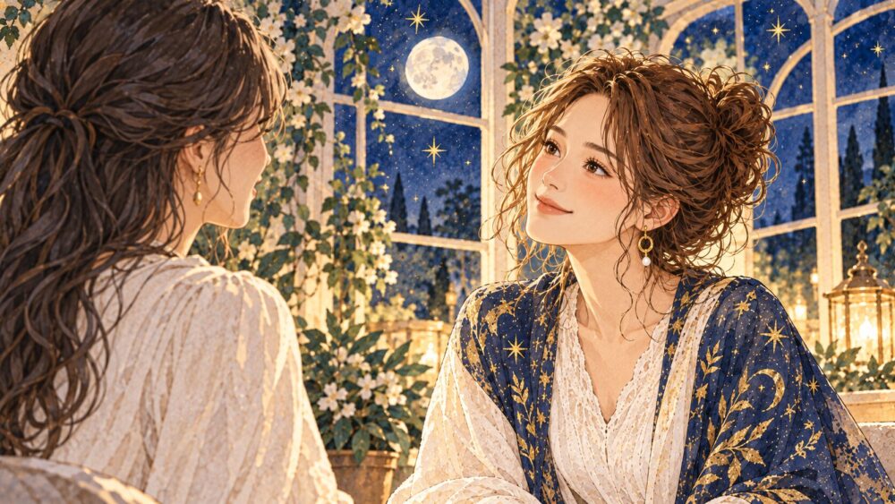 温室で友人の話に耳を傾ける女性。