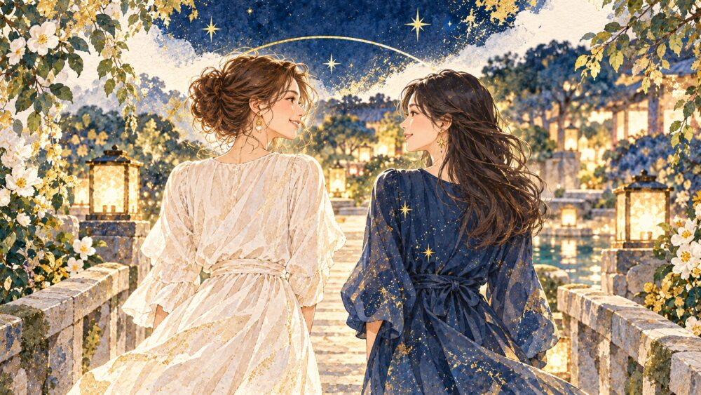 灯りのともる橋を一緒に渡る二人の女性。