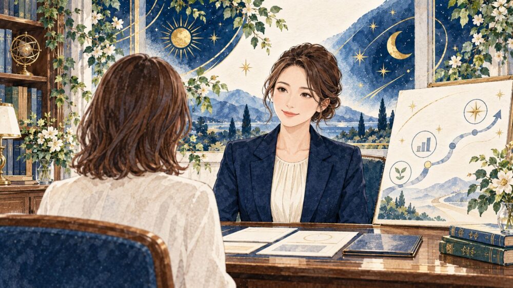 相談室で相手の話を聞く女性キャリアカウンセラー。