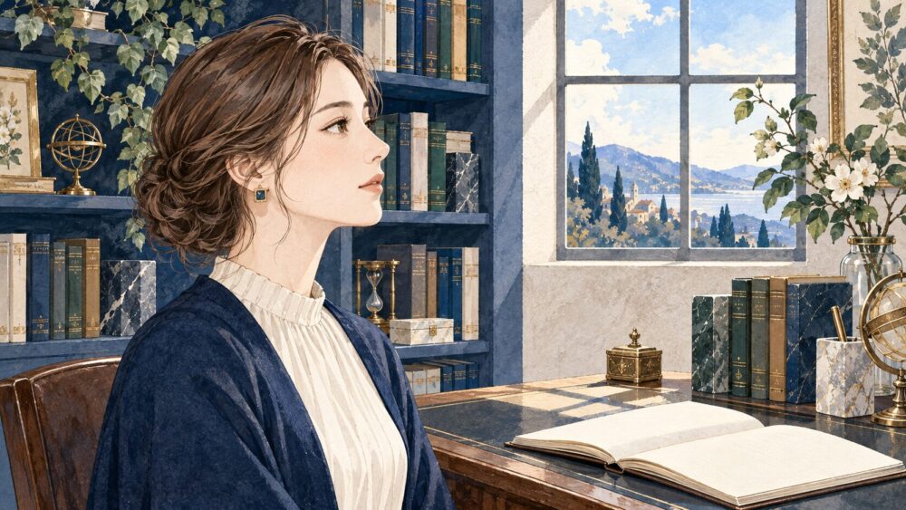 整った書棚のそばで思索する女性。