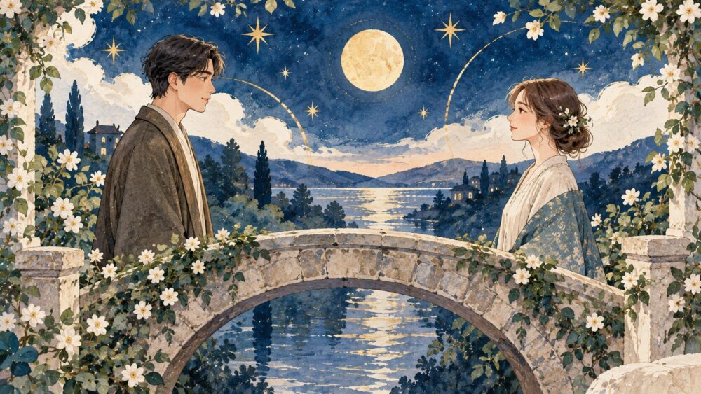 月明かりの石橋の両端で向き合う男女。