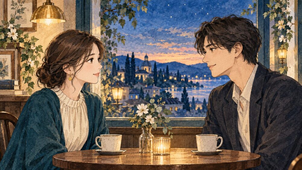 夕暮れのカフェで穏やかに向き合う男女。