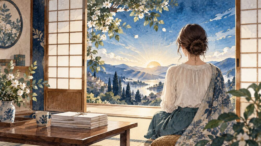 障子を開けた部屋から朝の景色を眺める女性。