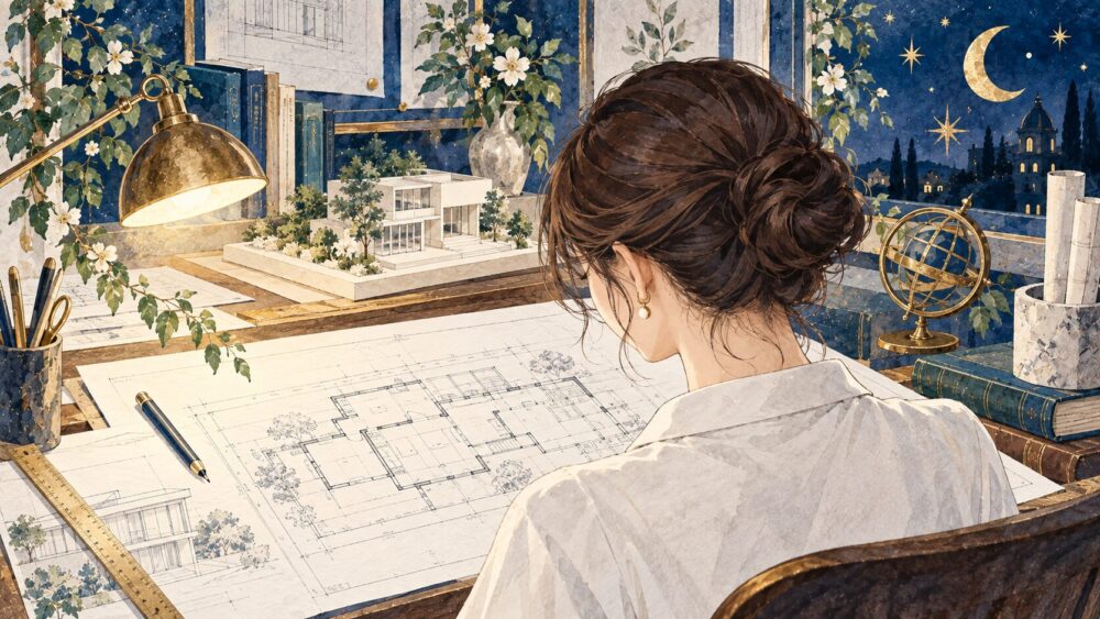 設計図と建物の模型を見つめる女性。