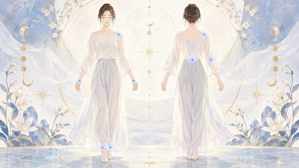 正面と後ろ姿の服を着た人物に、蒙古斑の部位を示す青い点を描いたイラスト。