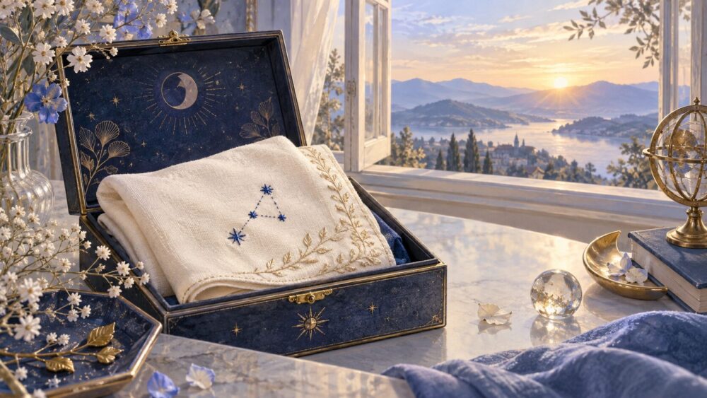 青い星の刺繍がある布を納めた小箱と、窓の外に広がる朝の山並み。