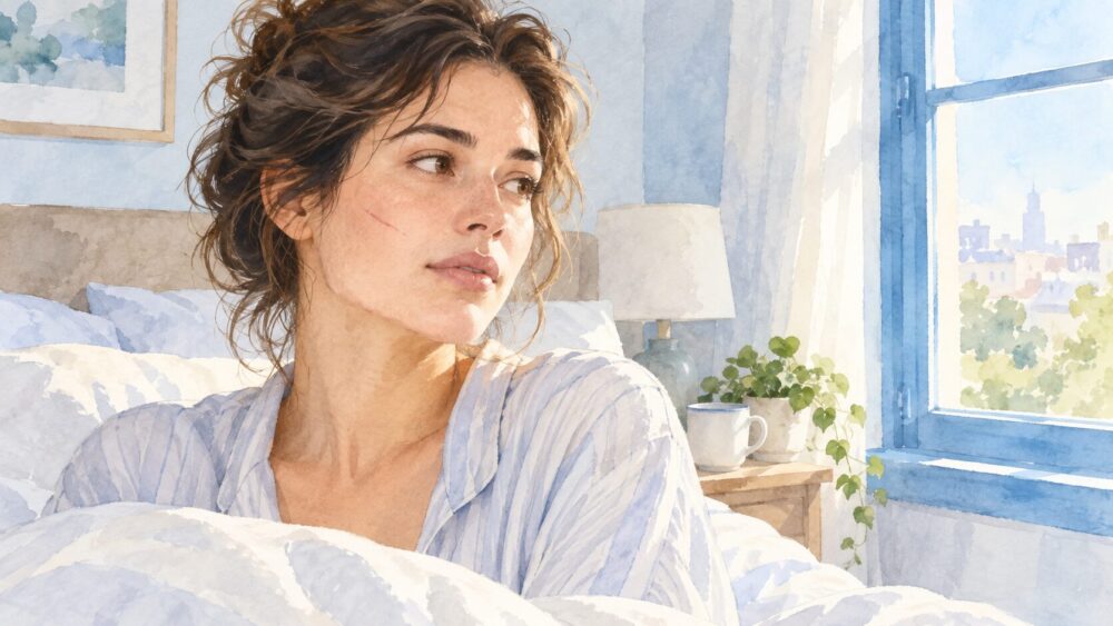 朝、鏡ではなく窓辺で頬の薄い引っかき跡に気づく女性。