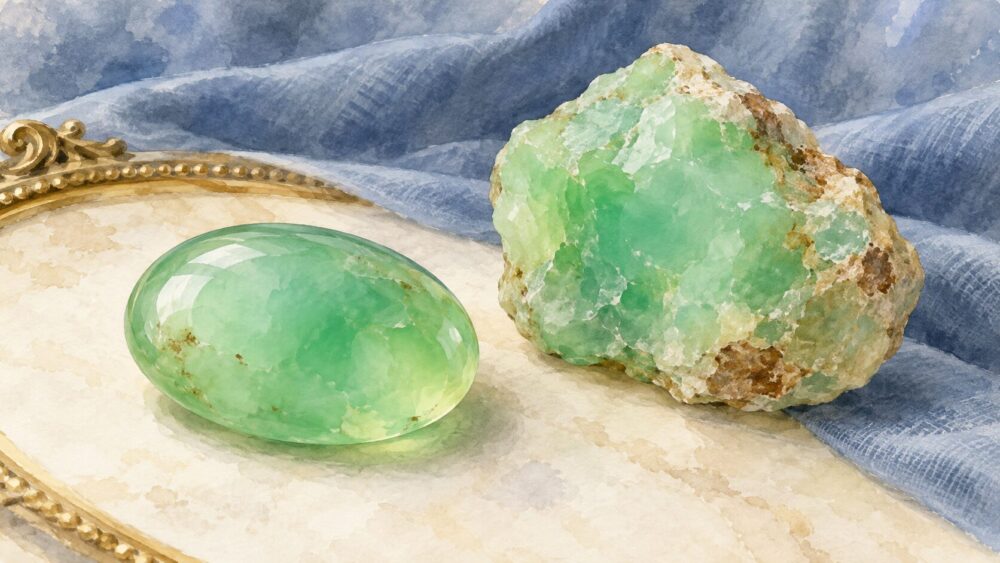 アップルグリーンのクリソプレーズ原石と磨いたカボションを並べた鉱物標本。