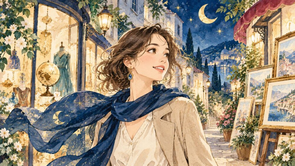 街のギャラリーを歩く女性。