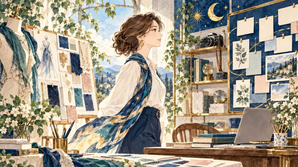 色見本や作品ボードの並ぶアトリエで働く女性。
