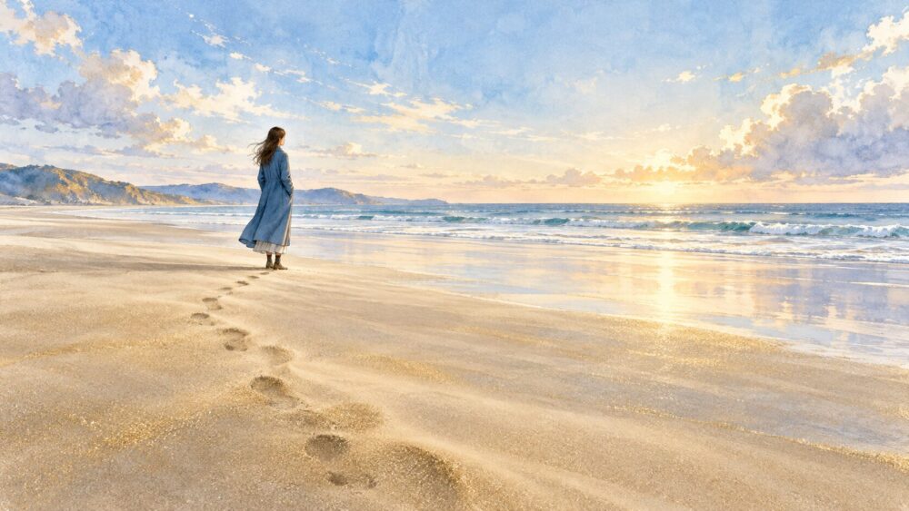 広い浜辺で足跡が風に薄れていくのを見つめる女性。