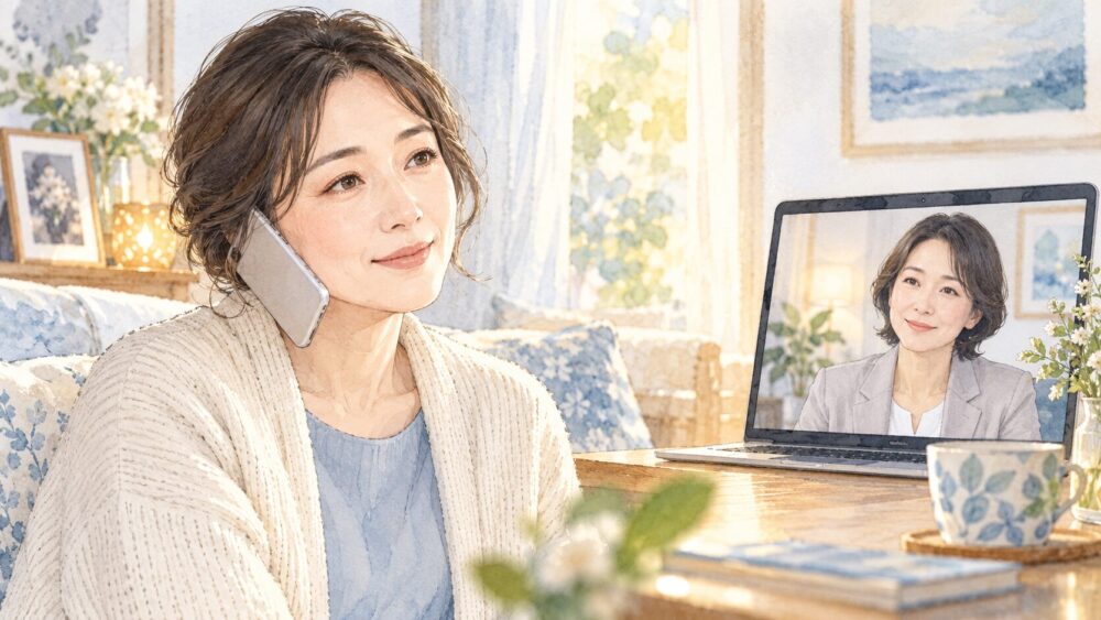 自宅で電話相談をする女性と、画面越しに話を聞く相談員。